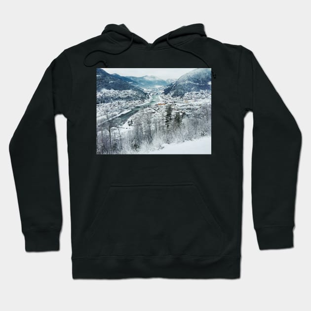 Wintertime - View on Snow-Covered Scandinavian Valley and Town Hoodie by visualspectrum